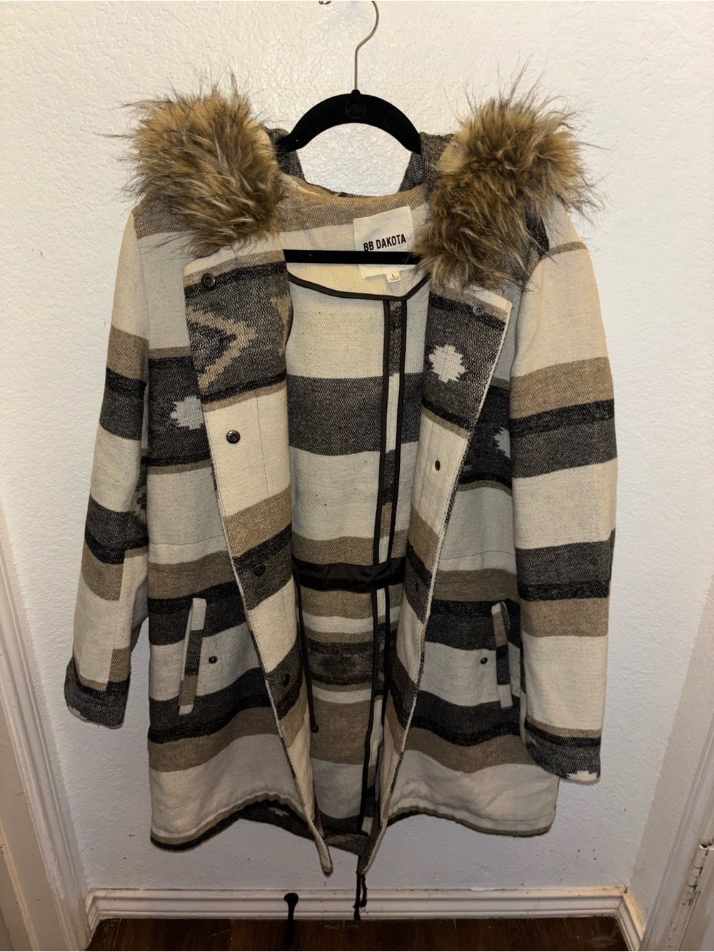 Women Heavyweight Boho Y2K Cream & Taupe Striped Hooded Coat with Faux Fur Trim